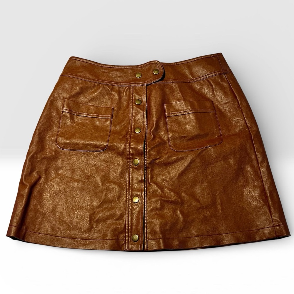 Love Riche Cognac Faux Leather Button-Front Mini Skirt with Utility Pockets